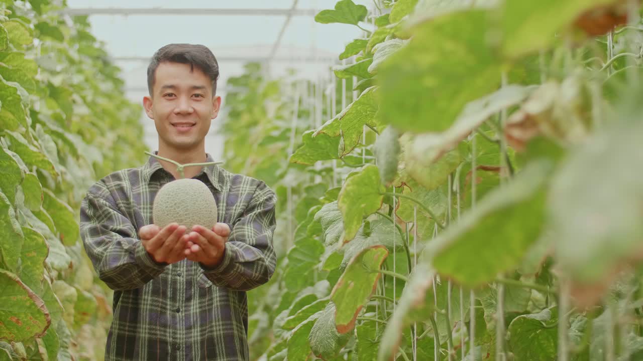 Asian Farmer Holding Melon And Smiles To Camera In Green House Of Melon Farm