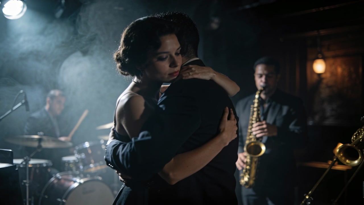 Couple dancing on band's cue, swaying under spotlight haze, sharing jazz romance with sax, drum kit