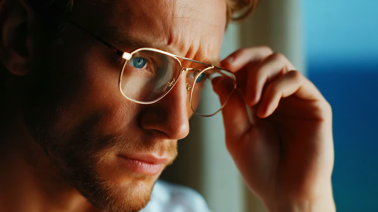 A close-up view of a contemplative individual wearing stylish glasses, embodying a moment of deep thought, showcasing expressions that reflect introspection and focus, set against a serene background