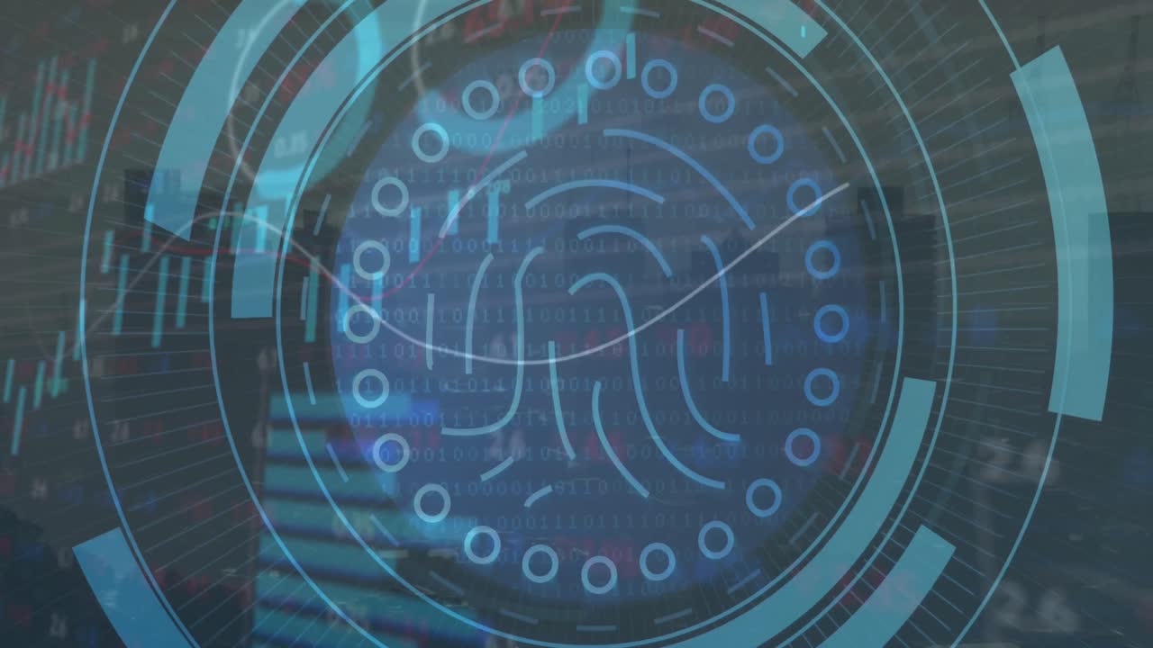 animación de escáner biométrico de huellas dactilares sobre el procesamiento de datos del mercado de valores contra cityscape