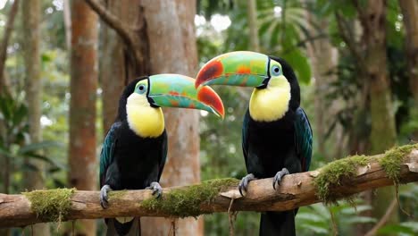 two keel-billed toucans perched on a mossy branch in the jungle