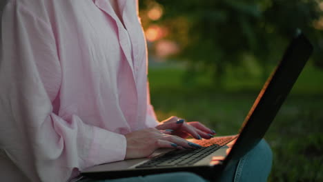 primer plano de una mujer con camisa rosa y uñas bien pulidas escribiendo en una computadora portátil, con luz bokeh reflejada en sus manos y moscas volando, el fondo presenta vegetación