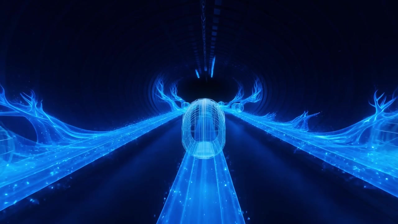 Abstract Blue Glowing Wireframe Capsules Moving Through a Futuristic Digital Tunnel
