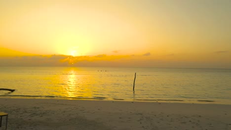 Silueta-De-Mujer-Caminando-En-La-Playa-Con-Palmeras-Durante-La-Puesta-De-Sol,-Maldivas