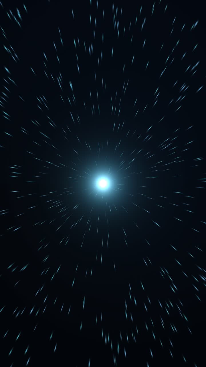 Una luce bianca brillante si irradia verso l'esterno con un motivo radiale, circondata da particelle blu e bianche vorticose su uno sfondo nero profondo
