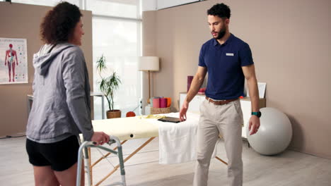 a physical therapist working with a patient using a walker