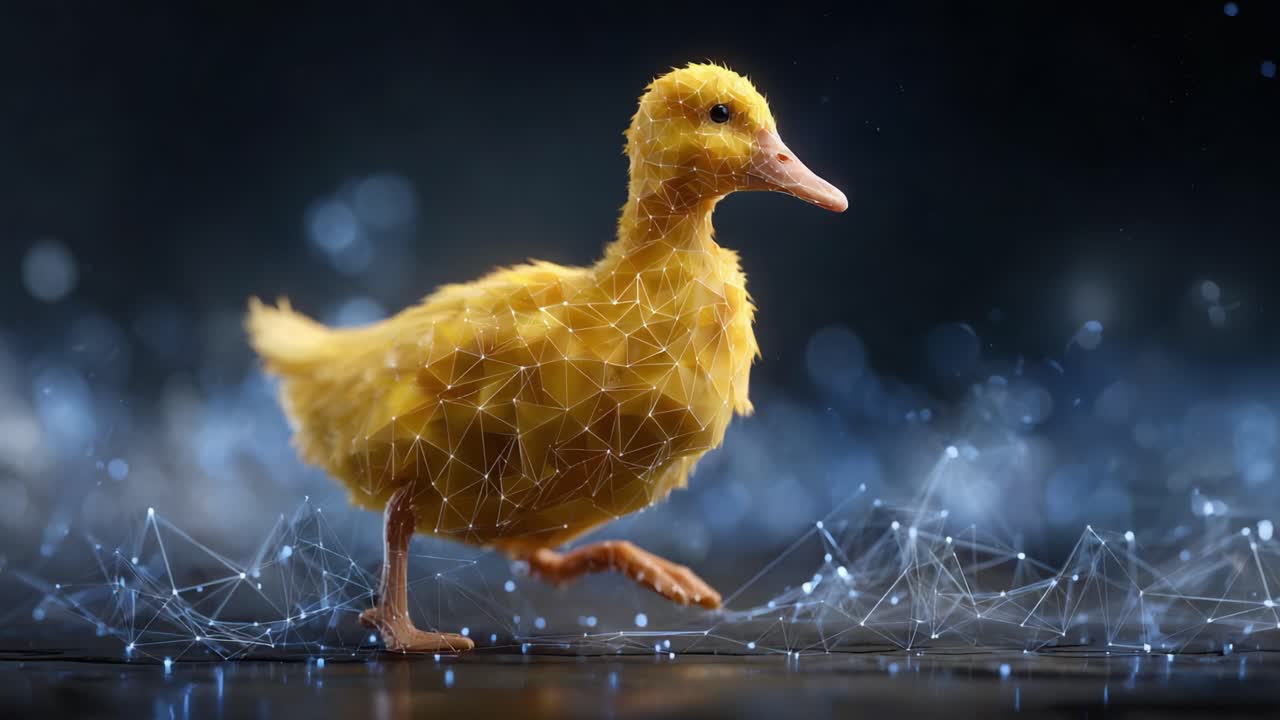 A Vibrant Representation of a Running Duck in an Artistic Digital Environment, Showcasing a Unique Blend of Nature and Technology with Intricate Details and Textures