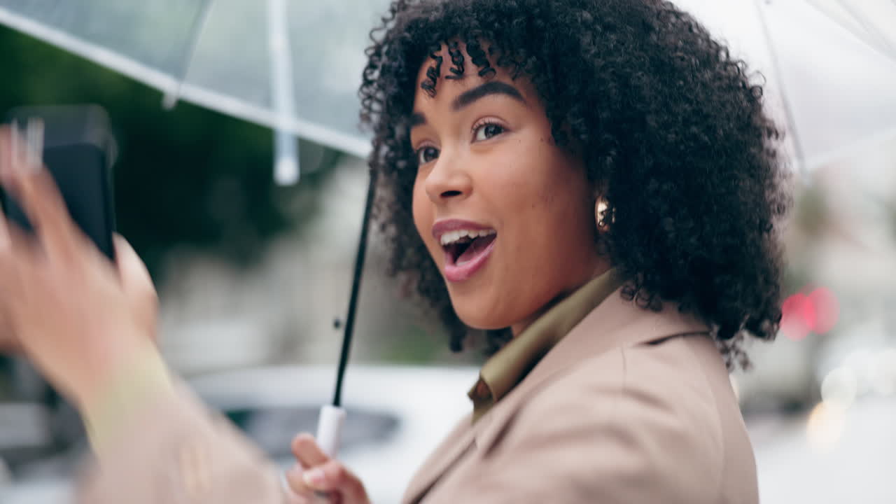 Wave, taxi and umbrella with a woman in the city