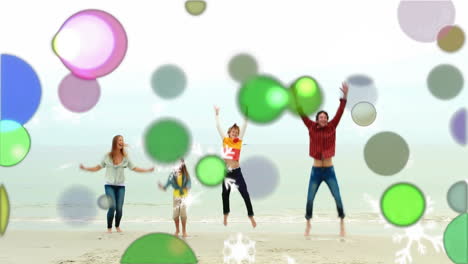 family jumping on beach with colorful bubbles and snowflakes animation overlay