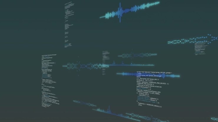 Animación de ondas sonoras y barras sobre lenguaje de programación con un fondo abstracto