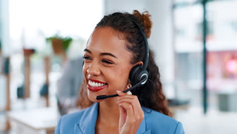 Business-woman,-face-and-laughing-in-call-center