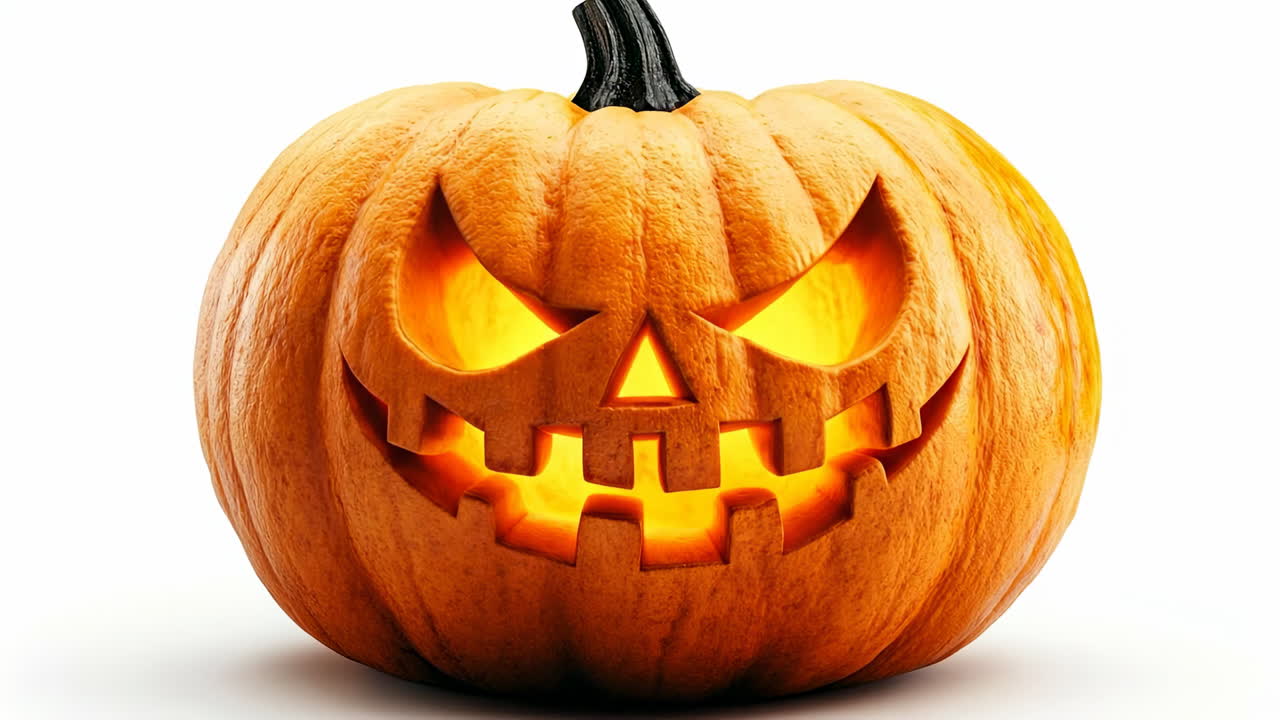 Glowing Halloween jack-o-lantern. A scary glowing jack-o-lantern pumpkin with an evil smile carved into it