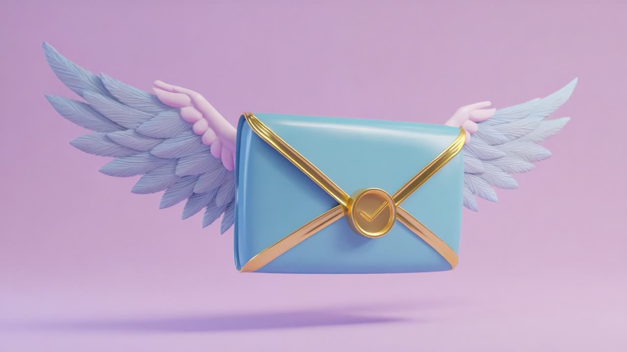 A Magical Envelope with Wings: A Stunning 3D Render of a Beautifully Designed Blue Envelope Featuring Delicate Wings, Perfectly Suspended in the Air Against a Soft Purple Background