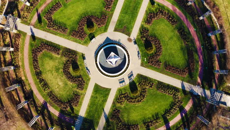 symmetrical aerial view of garden park pathways with plants and benches