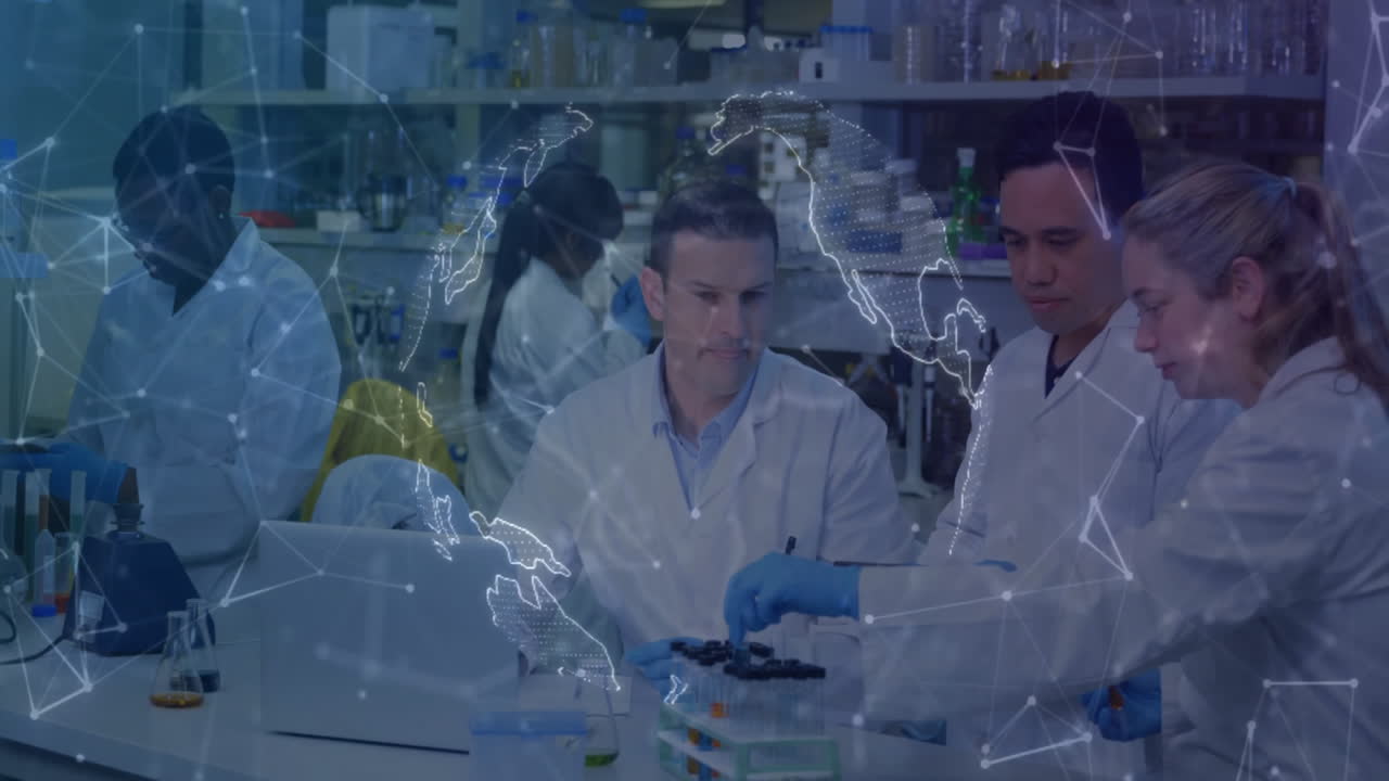 Conducting research, scientists in laboratory with animation of digital world map
