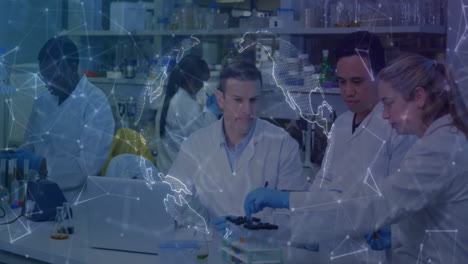 conducting research, scientists in laboratory with animation of digital world map