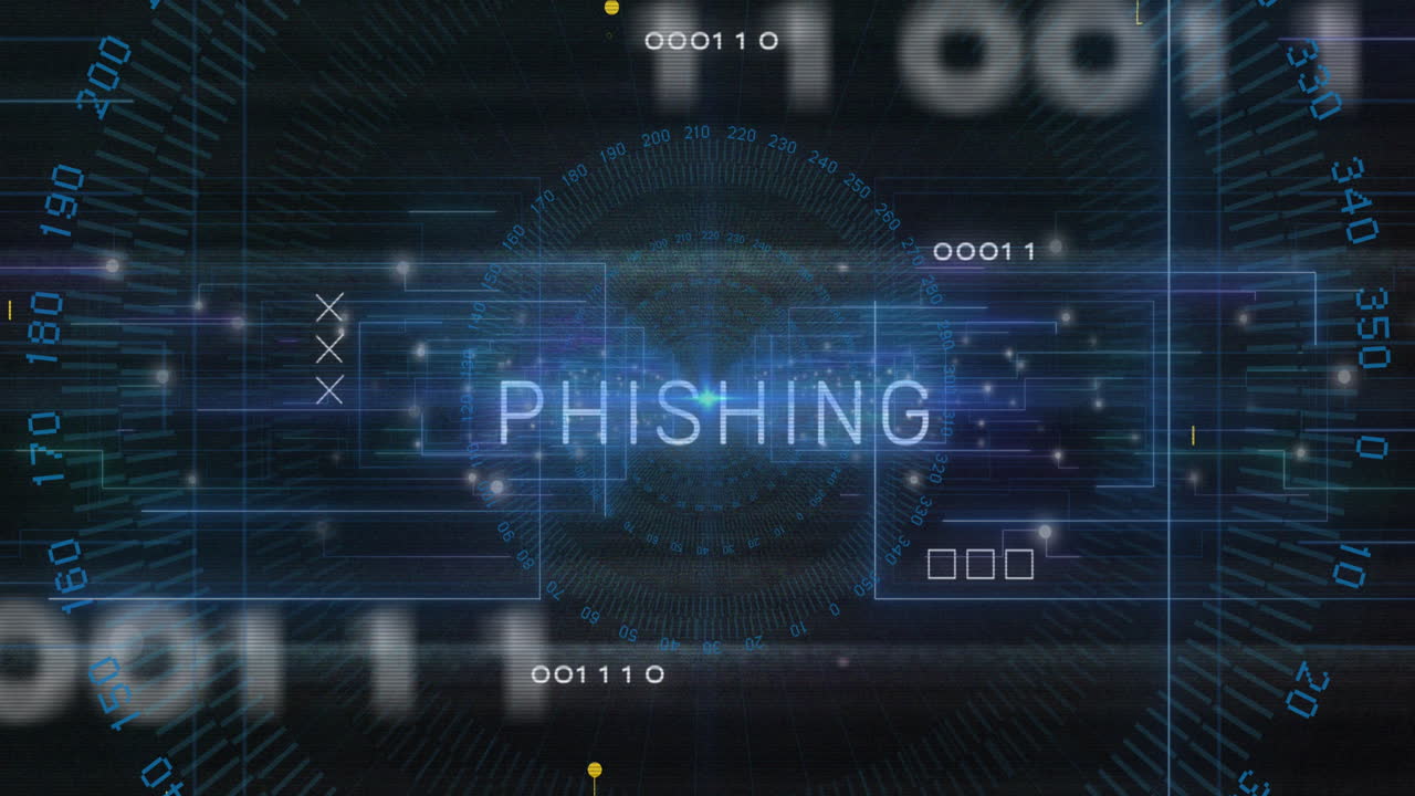 Animazione di testo phishing ed elaborazione dati su circuito stampato su sfondo scuro.