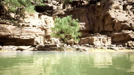 a calm river reflects the surrounding rocky cliffs adorned with verdant trees