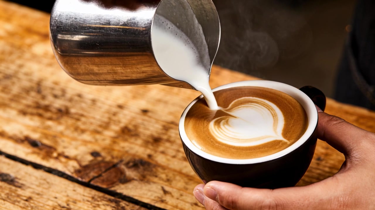 Barista con grembiule che inclina la brocca e versa il latte formando un cuore su una tazza al bancone del caffè, con spazio per il testo.