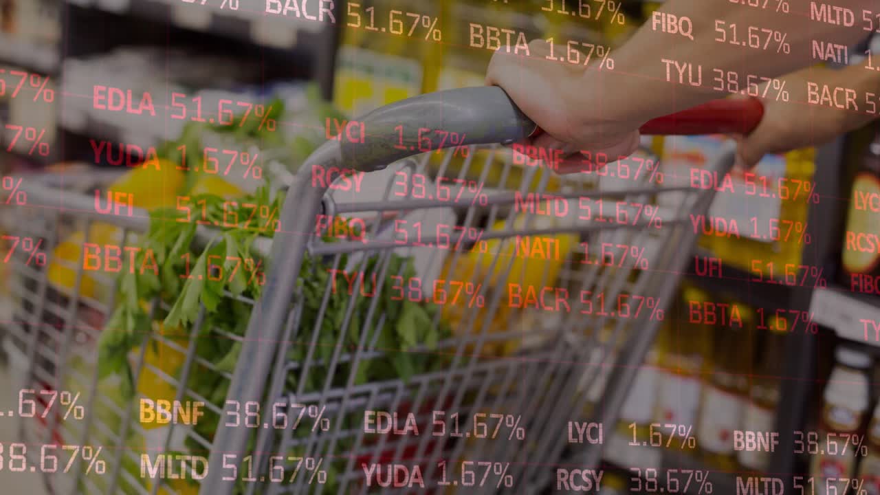 Shopper arm pushing metal cart along produce, causing finance data scrolling over cart updating