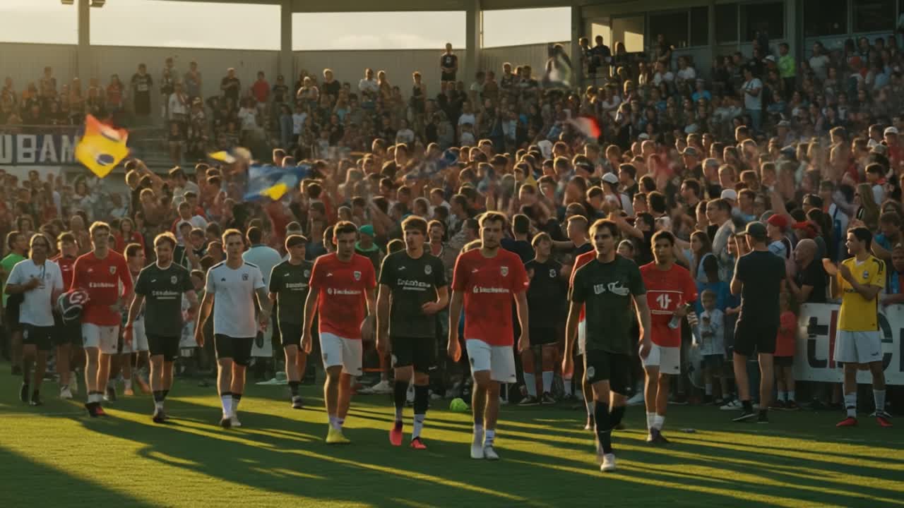 La foule acclame alors que les joueurs entrent sur le terrain : Un moment captivant lors d'un match de football avec des fans passionnés soutenant leur équipe.