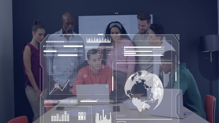 Collaborating over digital data processing animation, business team working together