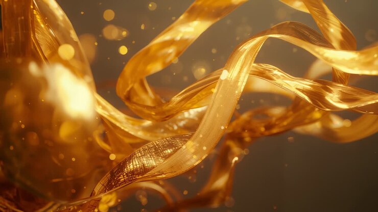 Opening golden ribbons swirling gray CG glowing particles drifting blurred form revealing textures