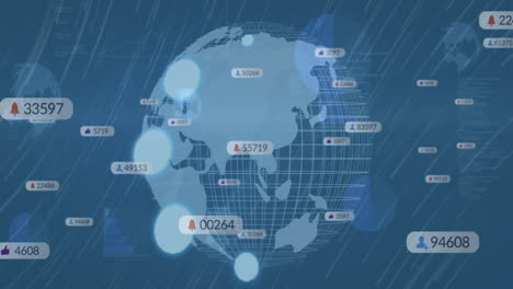 animation of social media icons with numbers over globe and lines on blue background