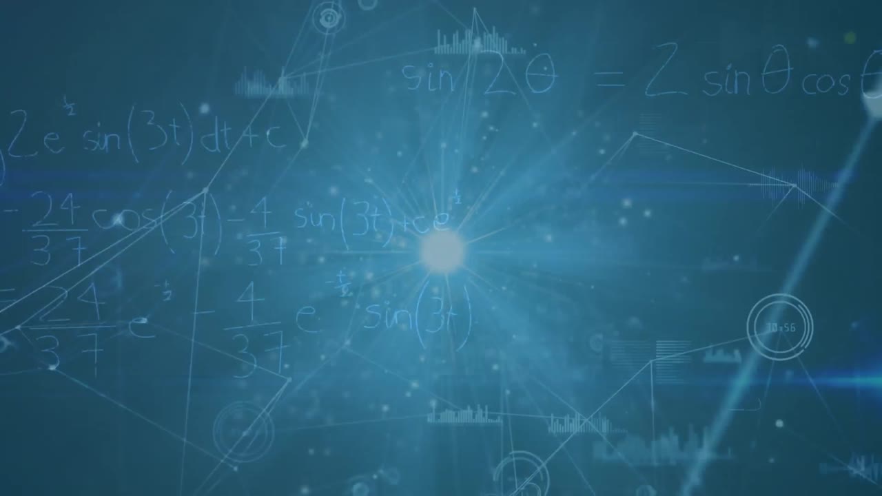 Animation of network of connections and mathematical equations on black background