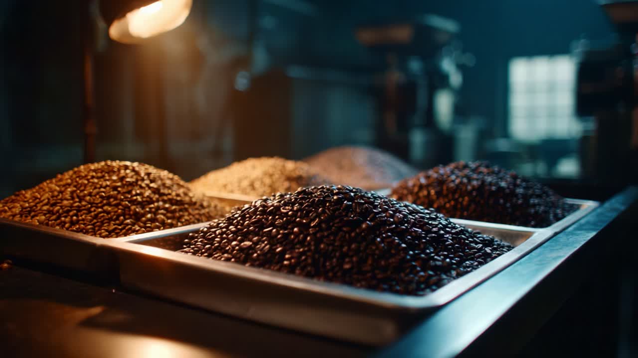 An Intimate Look at Varieties of Coffee Beans in Dim Lighting: A Captivating Presentation of Rich Textures and Colors in a Rustic Setting