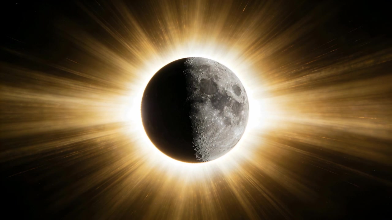 Showing central lunar disc with cratered right side with frames progressing, golden corona pulsing