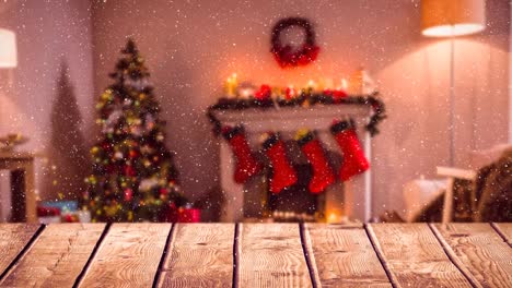 fondo borroso de una sala de estar decorada para navidad combinado con la nieve que cae