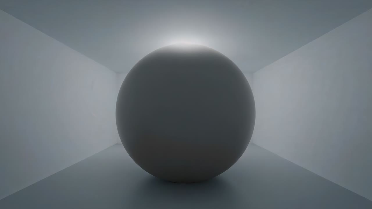 Zooming camera revealing matte gray sphere growing in narrow chamber, showing backlight halo