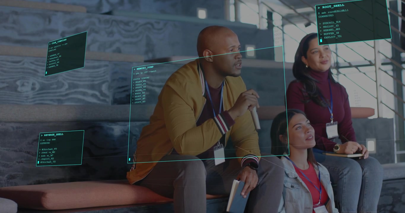 Three attendees watching talk, man in mustard jacket holding mic while teal HUD appearing, tracking