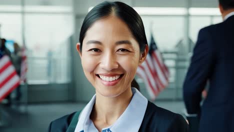 portrait of a smiling businesswoman in front of american flags