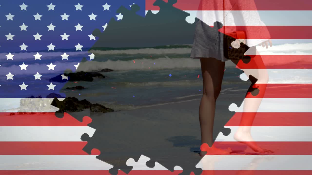 animación de la bandera estadounidense ondeando con rompecabezas que revelan a una mujer caminando por la playa