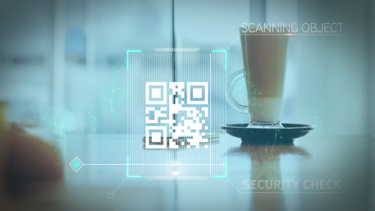 animación de un código qr blanco escaneando sobre una taza de café con leche de pie