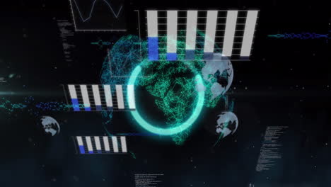 Animation-Der-Statistischen-Datenverarbeitung-über-Einem-Sich-Drehenden-Globus-Vor-Schwarzem-Hintergrund