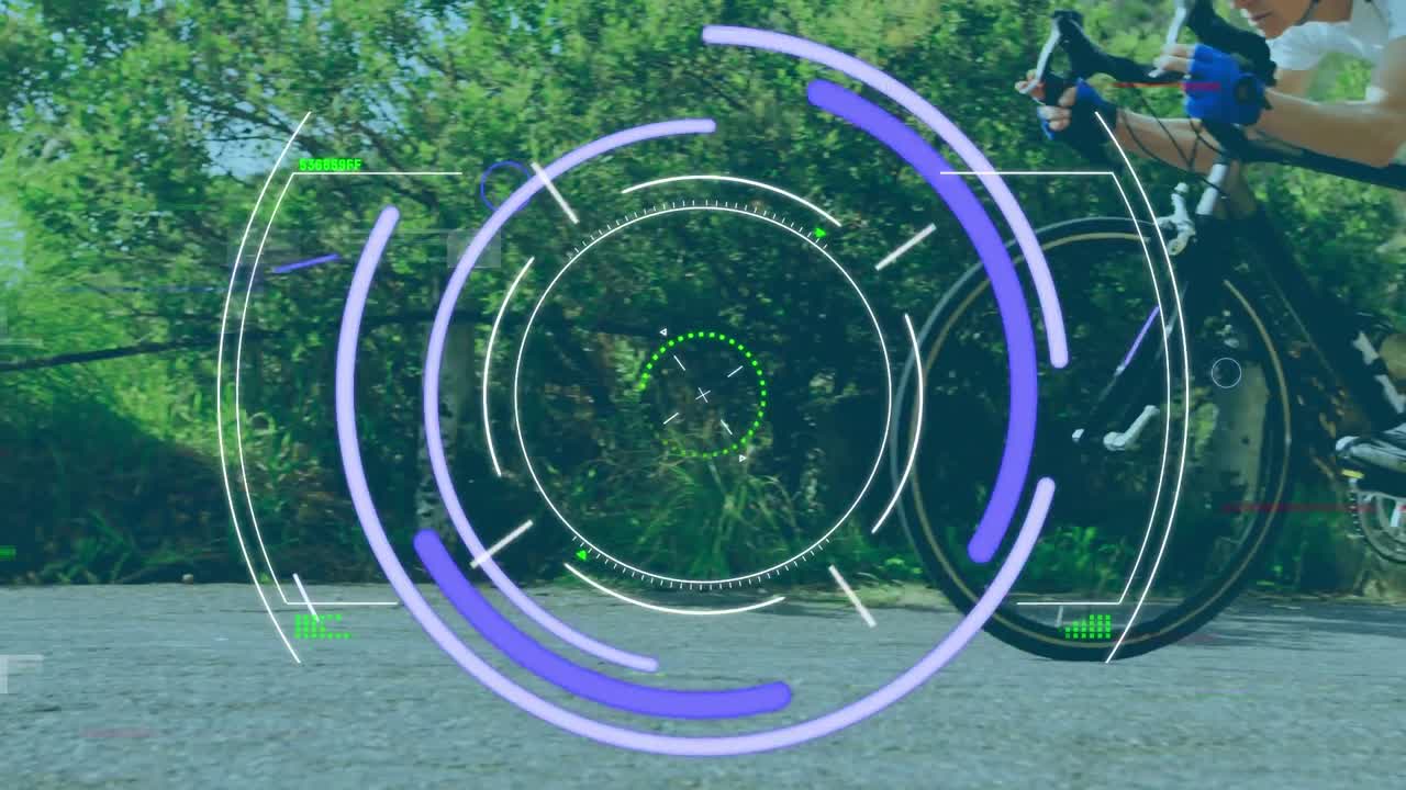 자전거 를 타고 있는 백인 여성 자전거 기사 의 중간 부분 을 가로지르는 뷰파인더 의 애니메이션