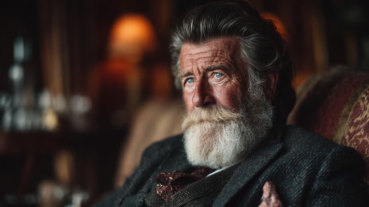 Um homem idoso contemplativo, com uma aparência distinta e uma barba bem cuidada, senta-se pensativamente em um ambiente aconchegante e calorosamente iluminado, refletindo sobre suas experiências de vida.