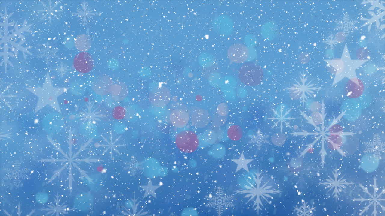 青い背景の雪花と赤い斑点の上に降る雪のアニメーション