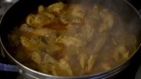 steam rising from bubbling chicken curry in pan