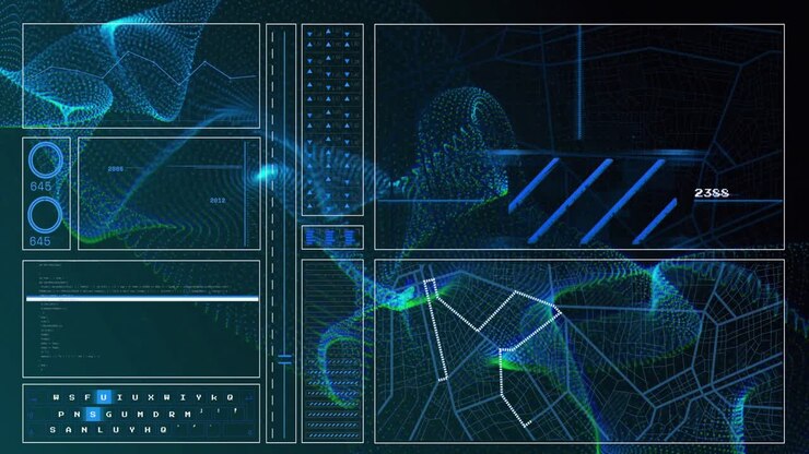 Animation of graph, computer language, loading circles, navigation pattern over dynamic waves