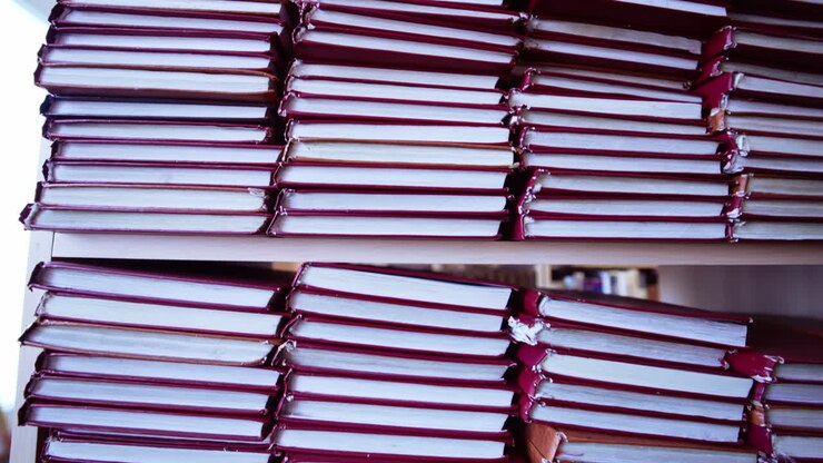 Libreria universitaria con scaffali. Scaffale in legno con libri allineati.