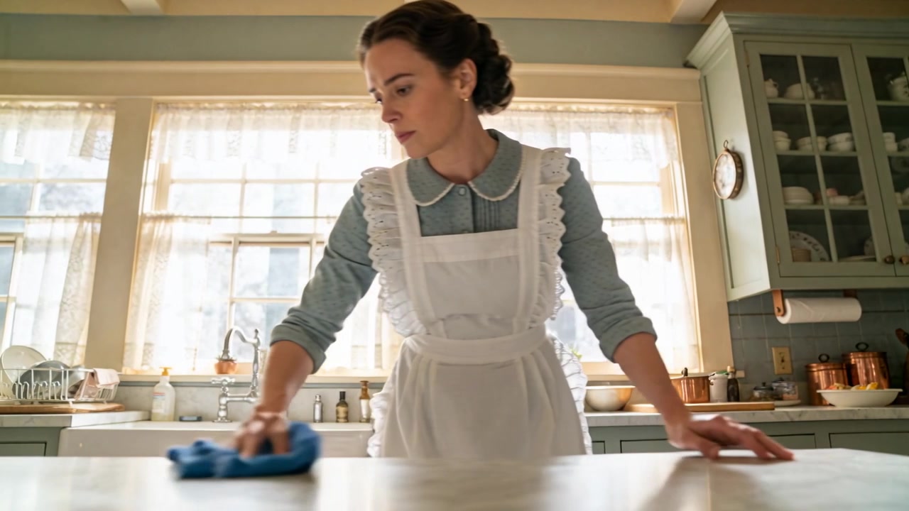 Notando una piccola macchia, una donna in abito azzurro pallido pulisce il piano di lavoro della cucina con un panno blu.