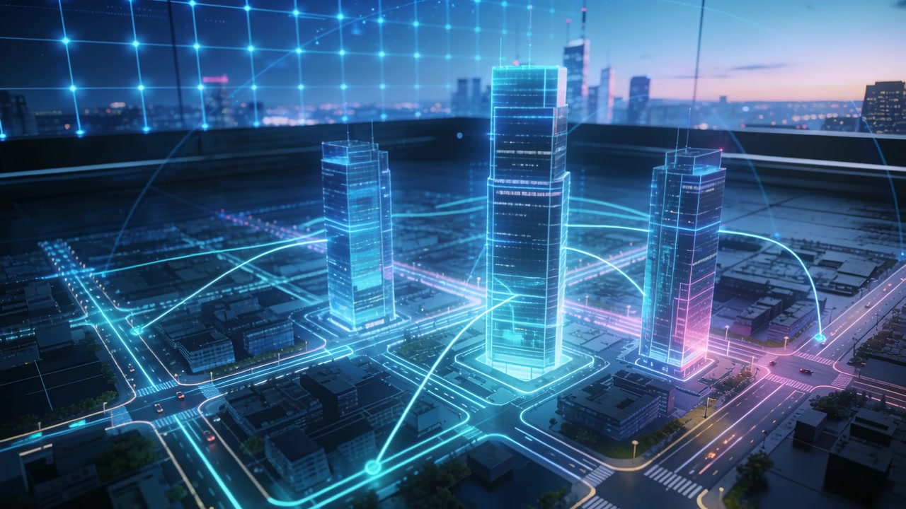 Responding to data pulse, holographic 3D city model linking towers, showing network on roof at dusk