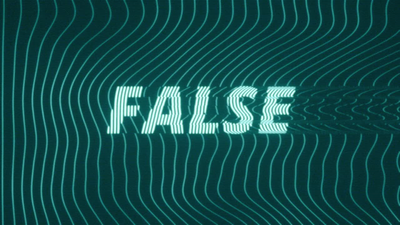 Animated status concept featuring glitching False text over a dark blue background with flowing neon wave lines and subtle digital distortion