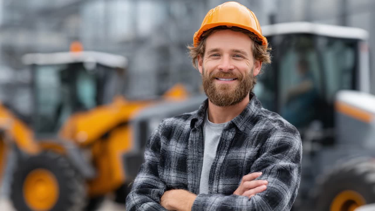 Confident Construction Worker Posing with Heavy Machinery, Showcasing Safety Gear and Professionalism in an Industrial Environment