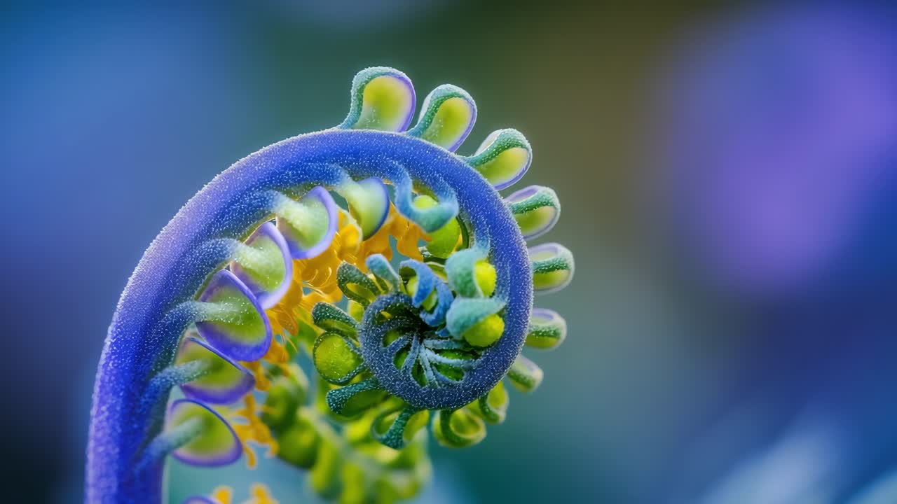 Close up view of a vibrant blue and green fern gradually unfurling its spiral, showcasing intricate details and textures against a blurred background
