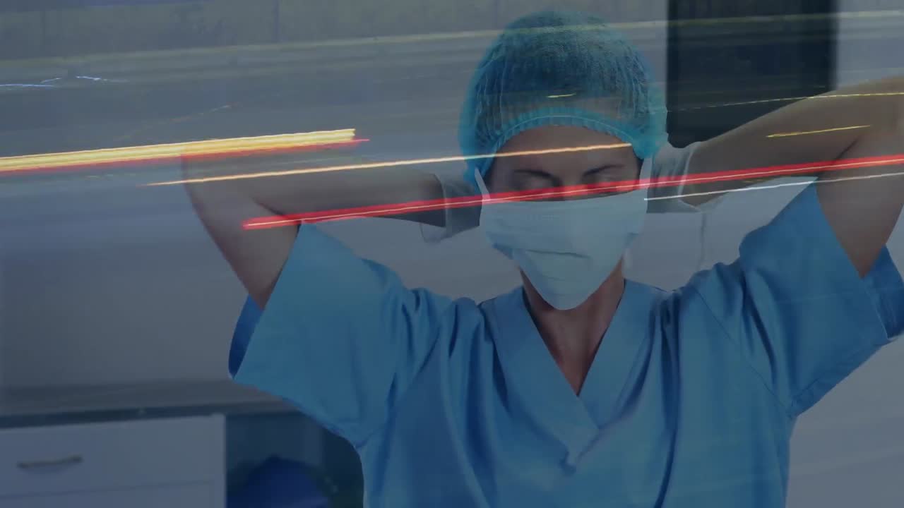 도시 교통에 대항하여 얼굴 마스크를 쓰고 있는 여성 의료 종사자의 초상화의 디지털 구성